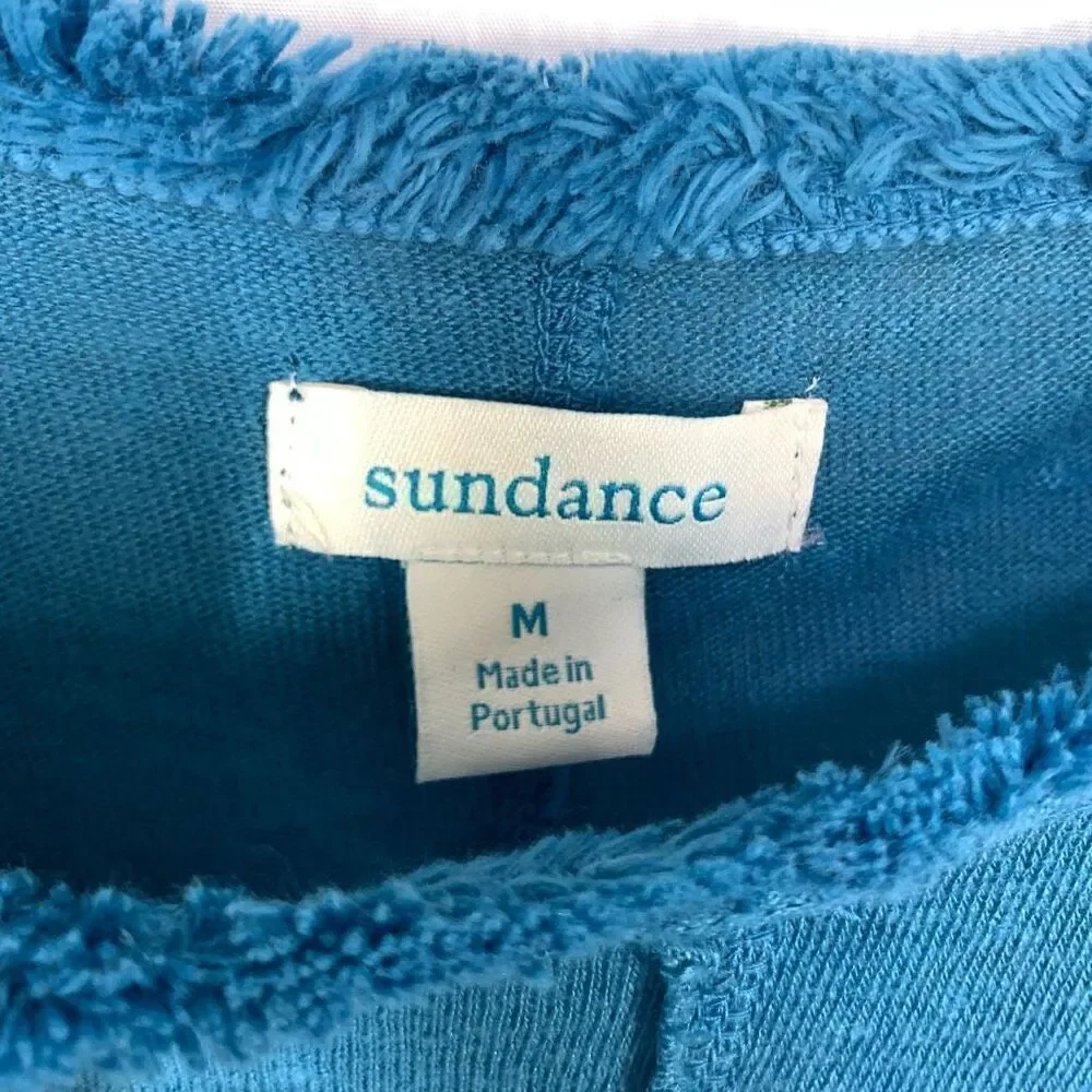 Sundance Women's Frayed Neck Linen 3/4 Sleeve Top Blue Size Medium